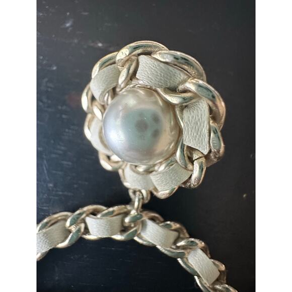 Chanel Black Leather Chain Detail Gold Tone Hoop Earrings - Picture 3 of 12